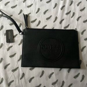 GUESS Black Embossed Logo Wristlet Pouch